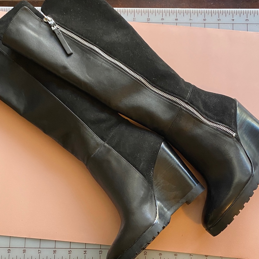 Michael Kors Black Leather Over-the-Knee Wedge Boots with Side Zip